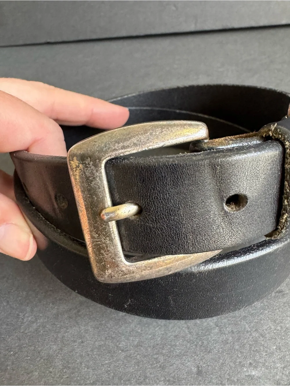 Vintage Eddie Bauer Black Leather Belt Silver Distressed Unisex Womens Medium